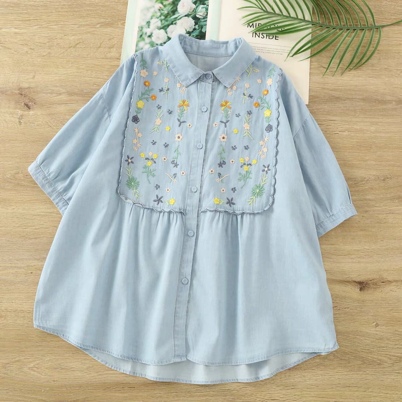 お花刺繍切り替えデザイン 半袖シャツブラウス fu1070