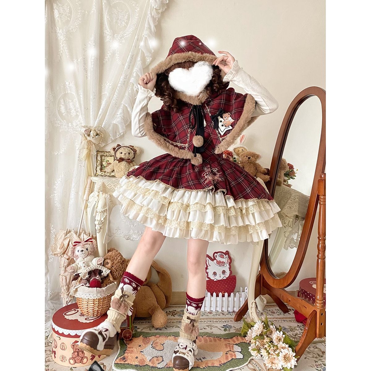 レッドチェック柄ケープ付きセットアップ：JSK＋ケープ | Maiden's Rêve