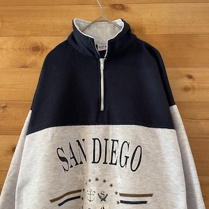 【USA】90s USA製 ハーフジップ スウェット プルオーバー プリント San Diego Californiaバイカラー 切替 ツートンカラー XL相当 ビッグシルエット US古着