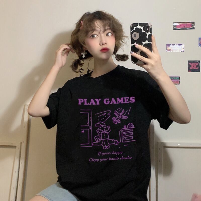 スタンダードプリントTシャツ レディースルーズスプリング薄手フードブラックトップス レトロ 春物 YY-ファッション57537190893