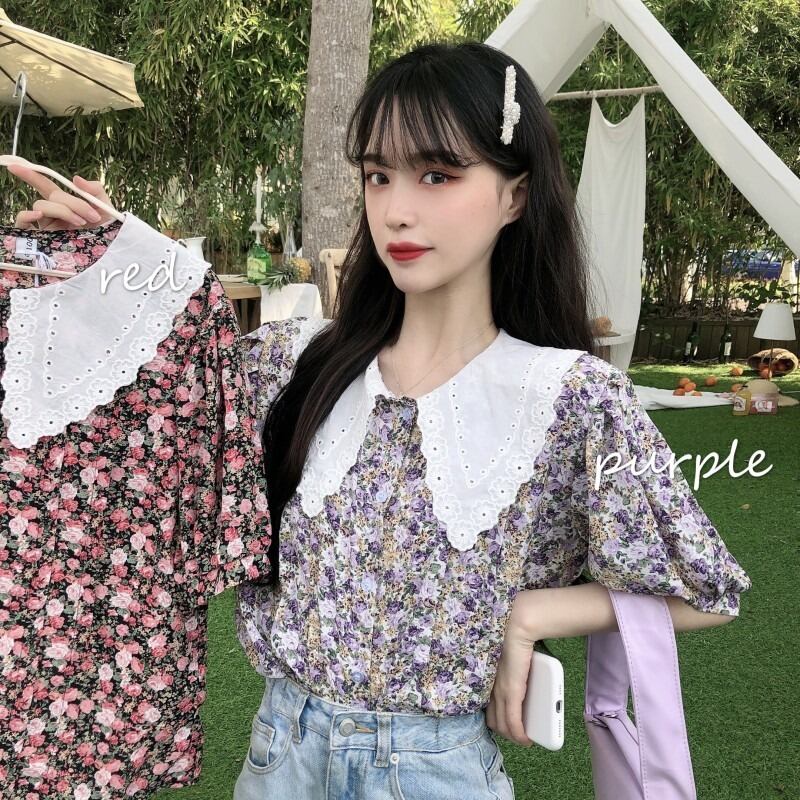 ガールズパフスリーブトップ2020サマーフローラルシャツレースドールカラー半袖シャツウエスタンスタイルカーディガントレンド 1号婦人81280862957