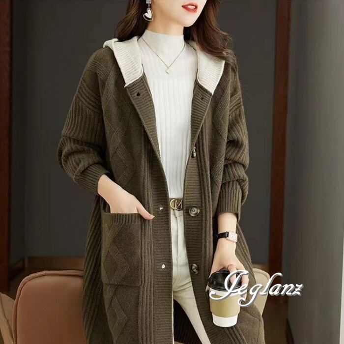 4色 バイカラー ニット コート 羽織り フード付き カジュアル派(MA796)τ