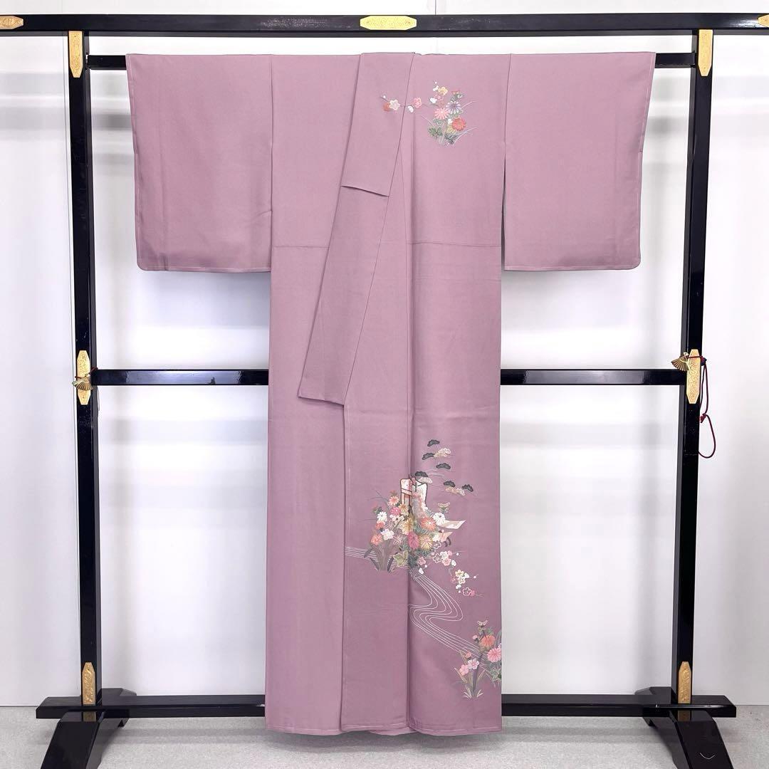 付下げ 総相良刺繍 御所車に花模様 松 積紅色 縮緬 しつけ糸 K-4088