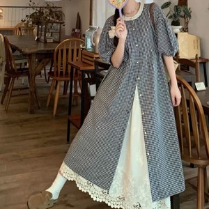 ランタンスリーブチェックロングワンピ ・76554