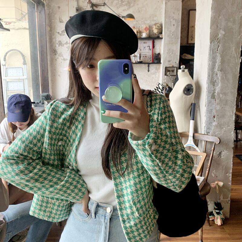 スタンダードVネックグリーンジャケット スプリングオータムルーズショート レトロ 春物 秋物 スーパーモール17076198005