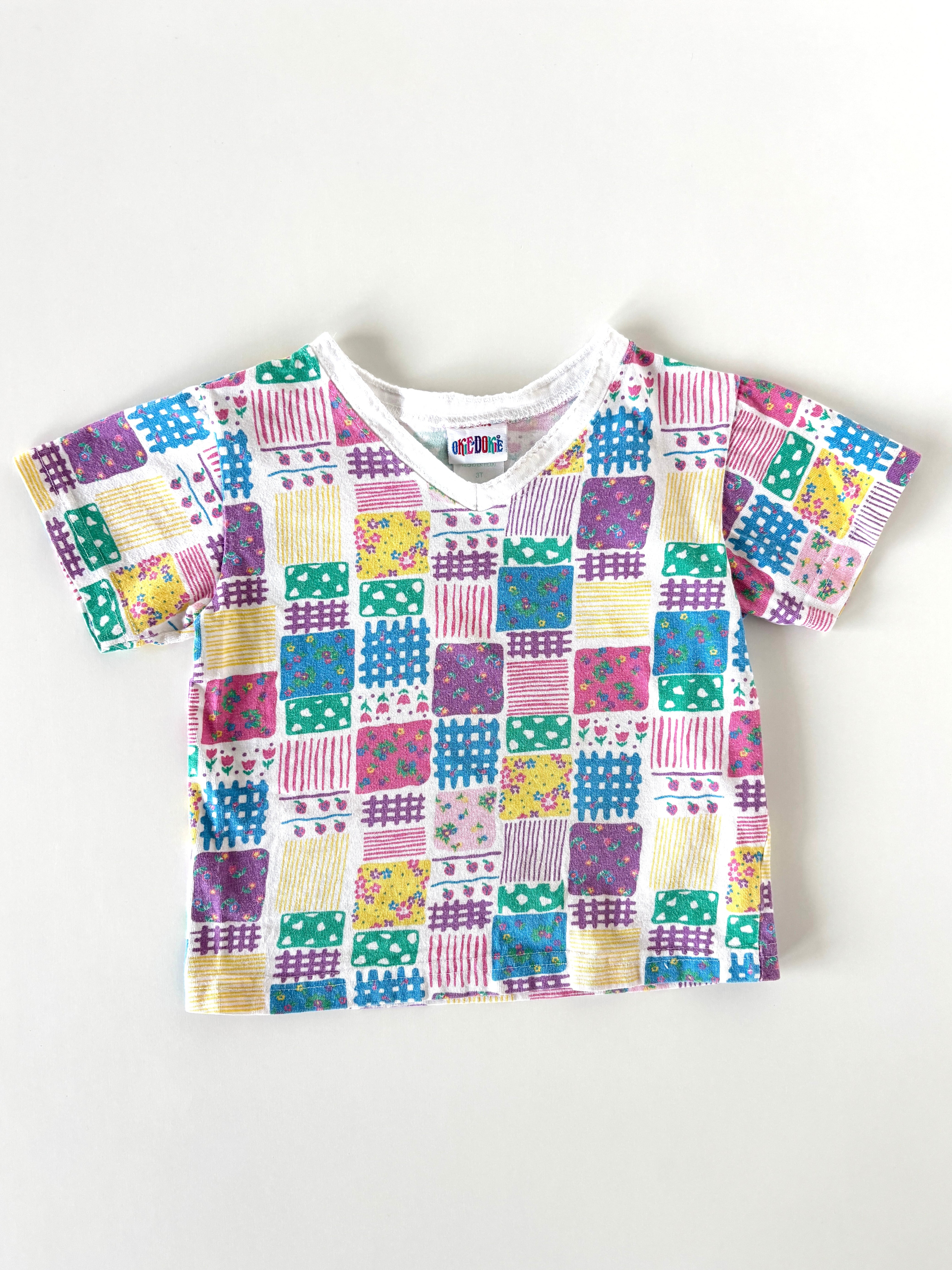 【2T相当・vintage】OKIE DOKIE パッチワーク風プリントtee