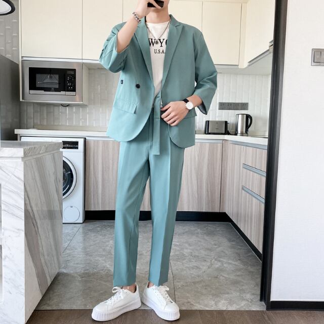 【予約販売】メンズ セットアップ スーツ 無地 七分袖 カジュアル スリム スタイリッシュ シンプル 韓国 男前 ブラック/ホワイト/グリーン/ブルー ジャケット パンツ セット セットアップ ビジネス 通勤 フォーマル パーティ 二次会 同窓会 結婚式 韓国 こなれ感 トレンド 春 夏 大きいサイズ M/L/XL/2XL/3XL