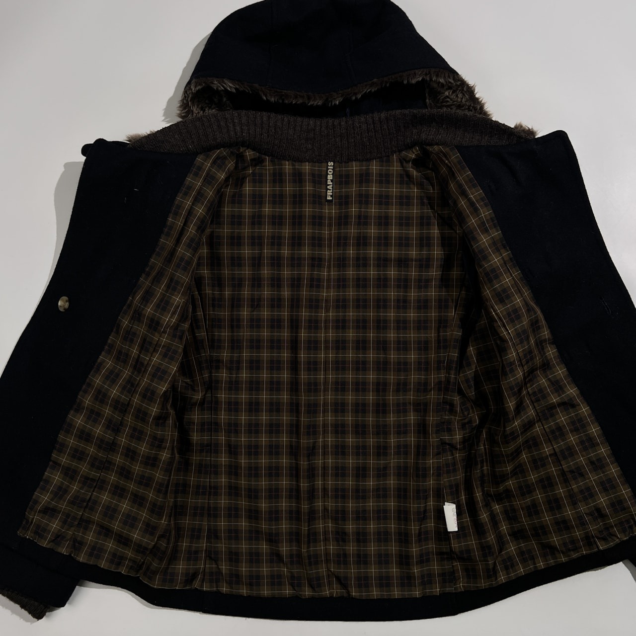 FRAPBOIS フラボア 裏チェック フード付き ファーデザイン ショート ダッフルコート サイズ 1 /ネイビー/レディース