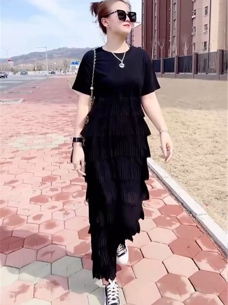 サマードレス ラウンドネック半袖スリーブメッシュスカート ハーフスリーブ 大きめサイズ 夏物 Oネック マルチレイヤー ステッチ ミックスインファッション95955447975