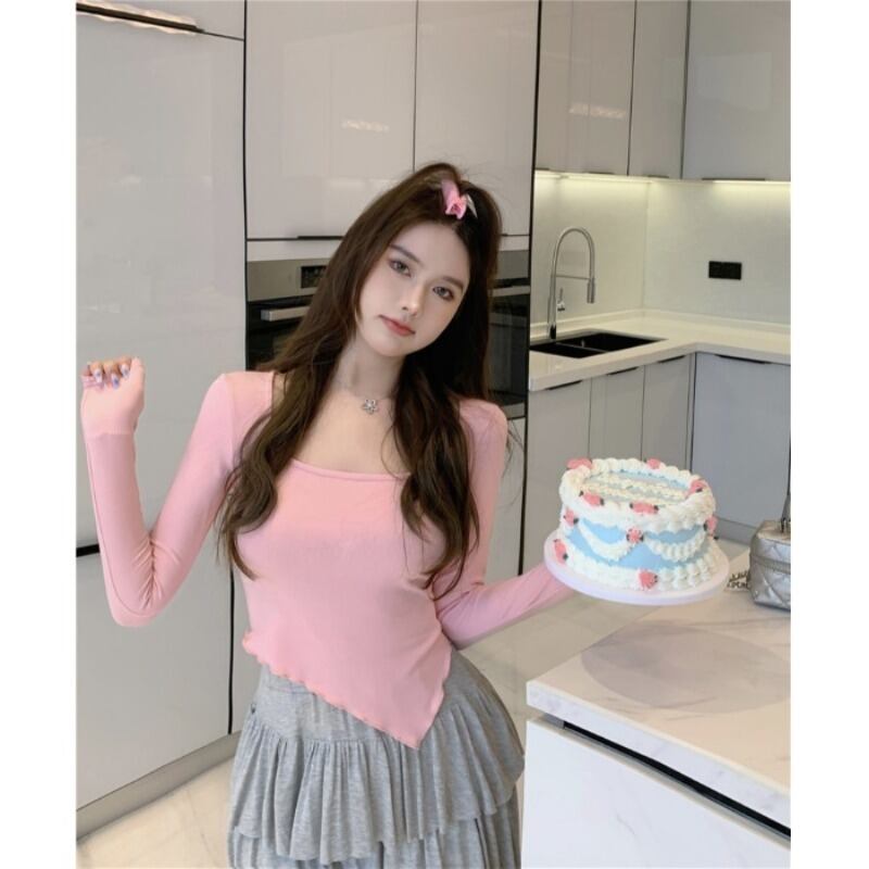 Tシャツ サマーショートトップス ロング ピンク 夏物 ピュア スクウェア ブラックストロベリース38337131137