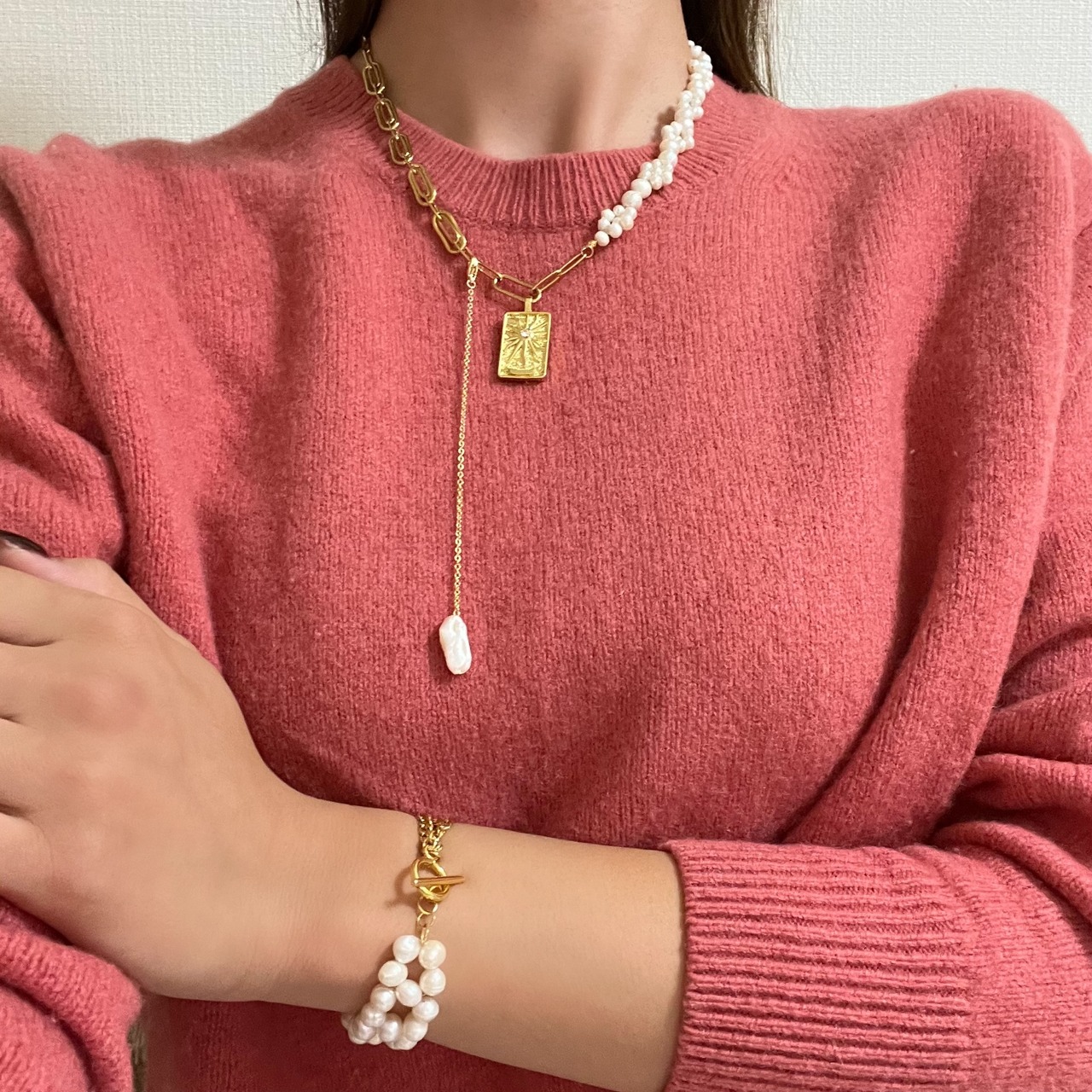 [取り外しロングチャーム］お花パール × チェーン　［GSN27］