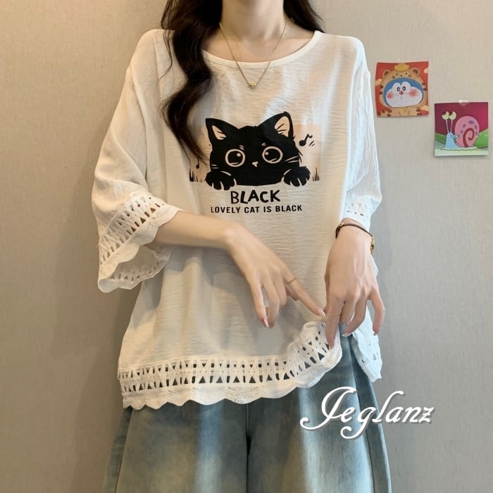 2色 ねこ デザイン プリント レース 半袖 Tシャツ ユニセックス (MC598)ρ