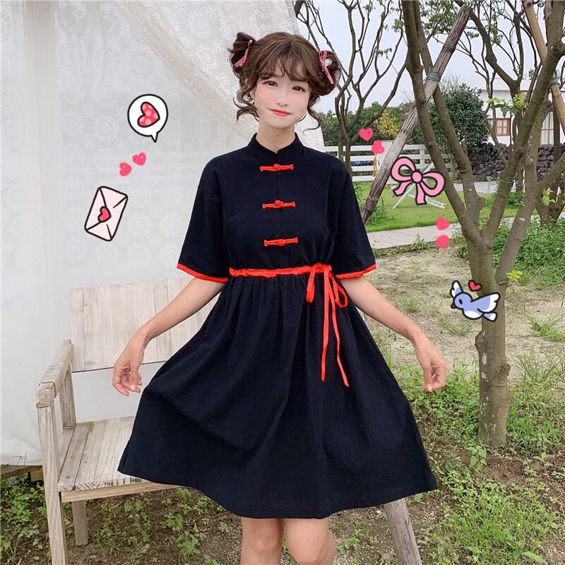 チャイナ風ワンピース チャイナ風服 中華服 改良唐装 改良漢服 スタンドネック 五分袖 ショート丈 可愛い 普段着 デート ブラック 黒い ゆったり 可愛い Dresszone チャイナ風ワンピース チャイナ風服 中華服 改良唐装 改良漢服 スタンドネック 五分袖 ショート丈 可愛い 普段着 デート ブラック 黒い ゆったり 可愛い Dresszone