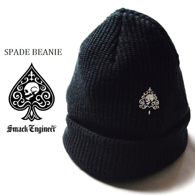 SMACK ENGINEER / スマックエンジニア「SPADE BEANIE」ニット帽 ニットキャップ ビーニー 帽子 黒 ブラック 刺繍 毛糸 スペード スカル ドクロ メンズ レディース PUNK ROCK パンク ロック バンド オシャレ ギフトラッピング無料 ステージ衣装 Rogia