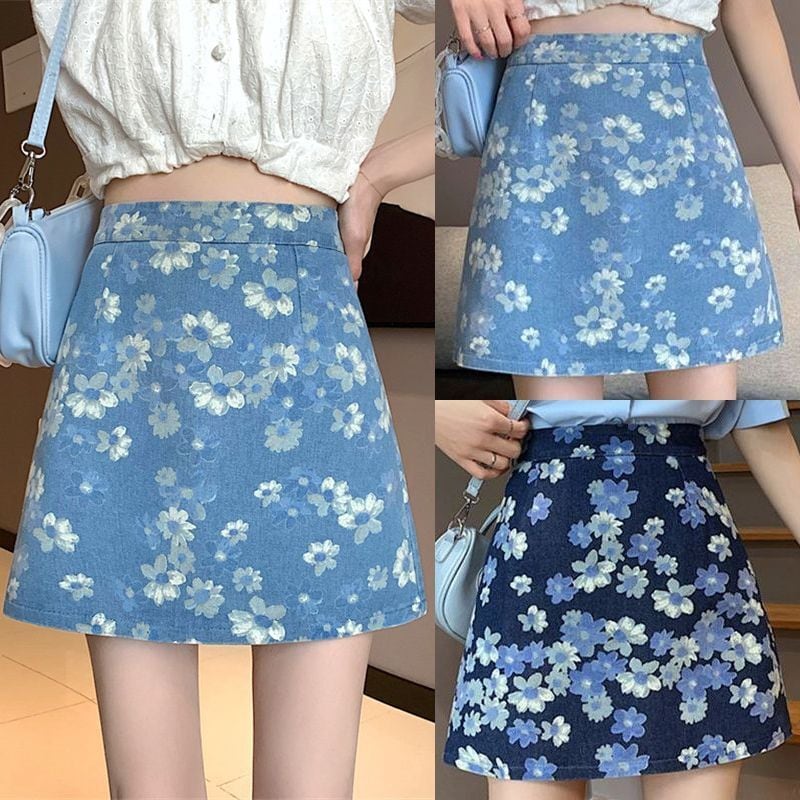 花柄 デニムスカート ミニスカート デニム 総柄 ハイウエスト レトロ 韓国ファッション レディース 大人可愛い ガーリー フェミニン カジュアル /  High waist thin all-match fashion floral denim skirt (DTC-643028662409) | 