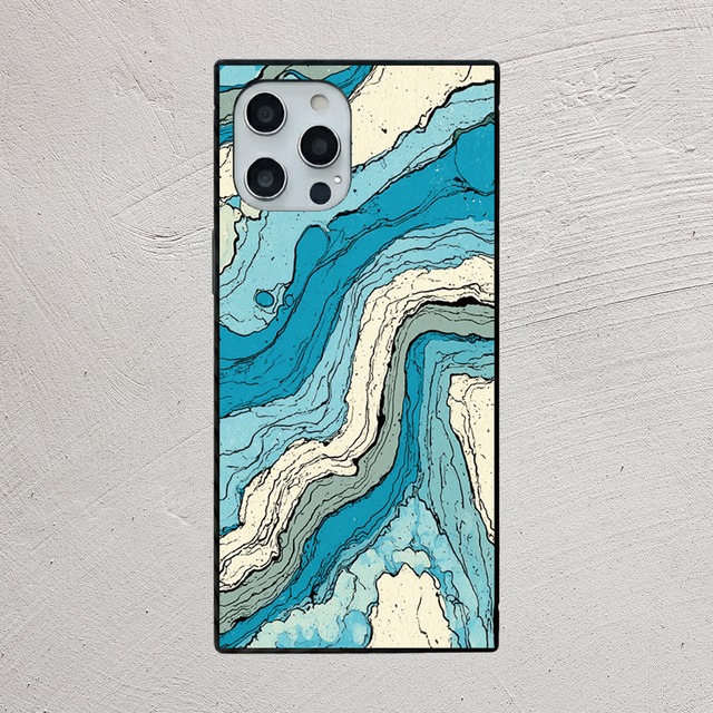 受注生産 iPhoneケース 水色の地層マーブル｜紙マーブリング MARB004B