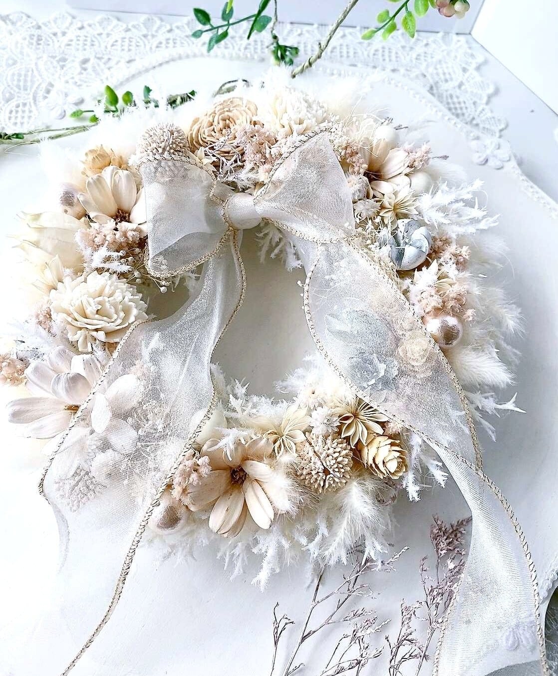 【WR-002】【ふんわり優しいホワイトリース】アイボリー×ドライフラワー/壁掛け/インテリア/贈り物におすすめ