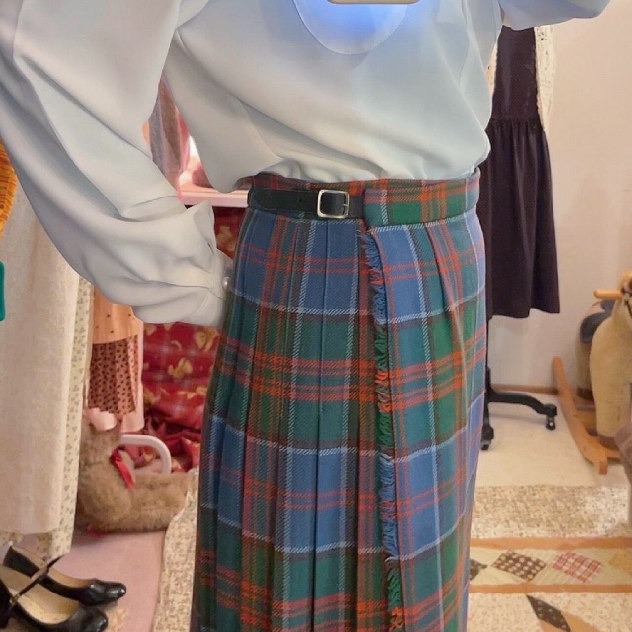 light blue check wrap skirt