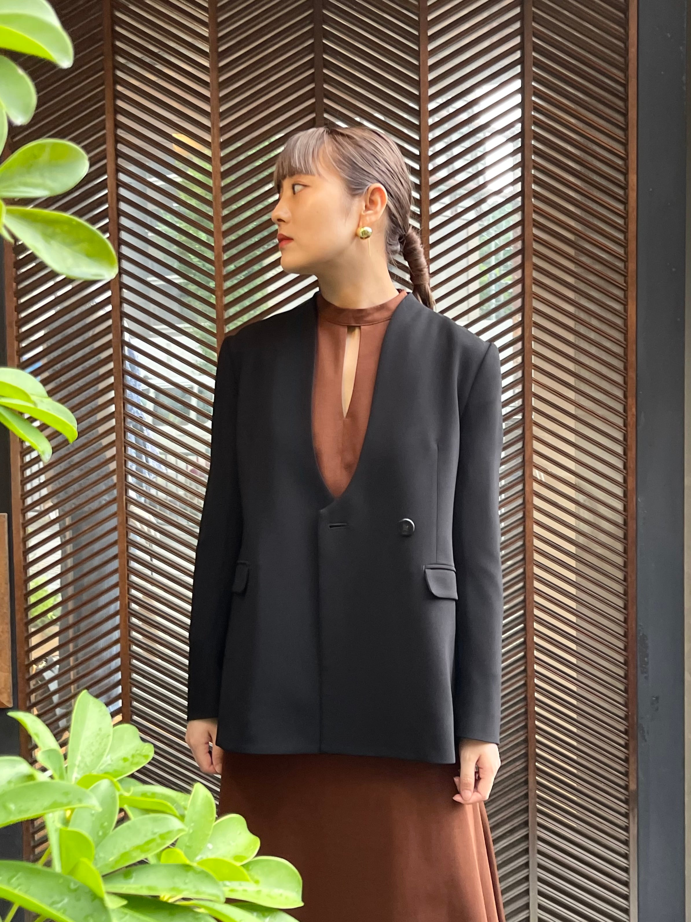 Collarless Double Breasted Suit Jacket