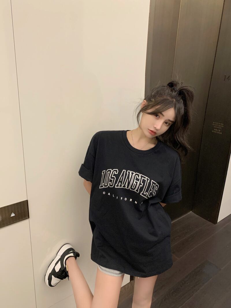 Tシャツ シャツ ロングルーズブラックサマー薄手スタイルトップス 大人ガーリー スウィート キュート カジュアル かわいい 夏物 ブラックストロベリース15233059622