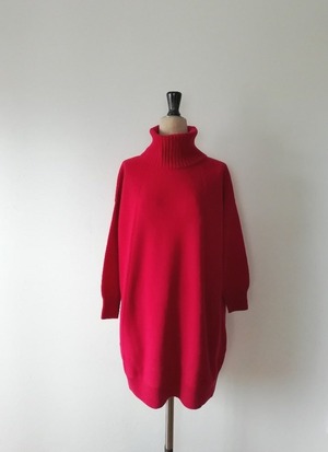 【Shiratakaknitichi】軽くてふんわり暖か♡ウール混オフタートルネックチュニックワンピース　ベリーレッド