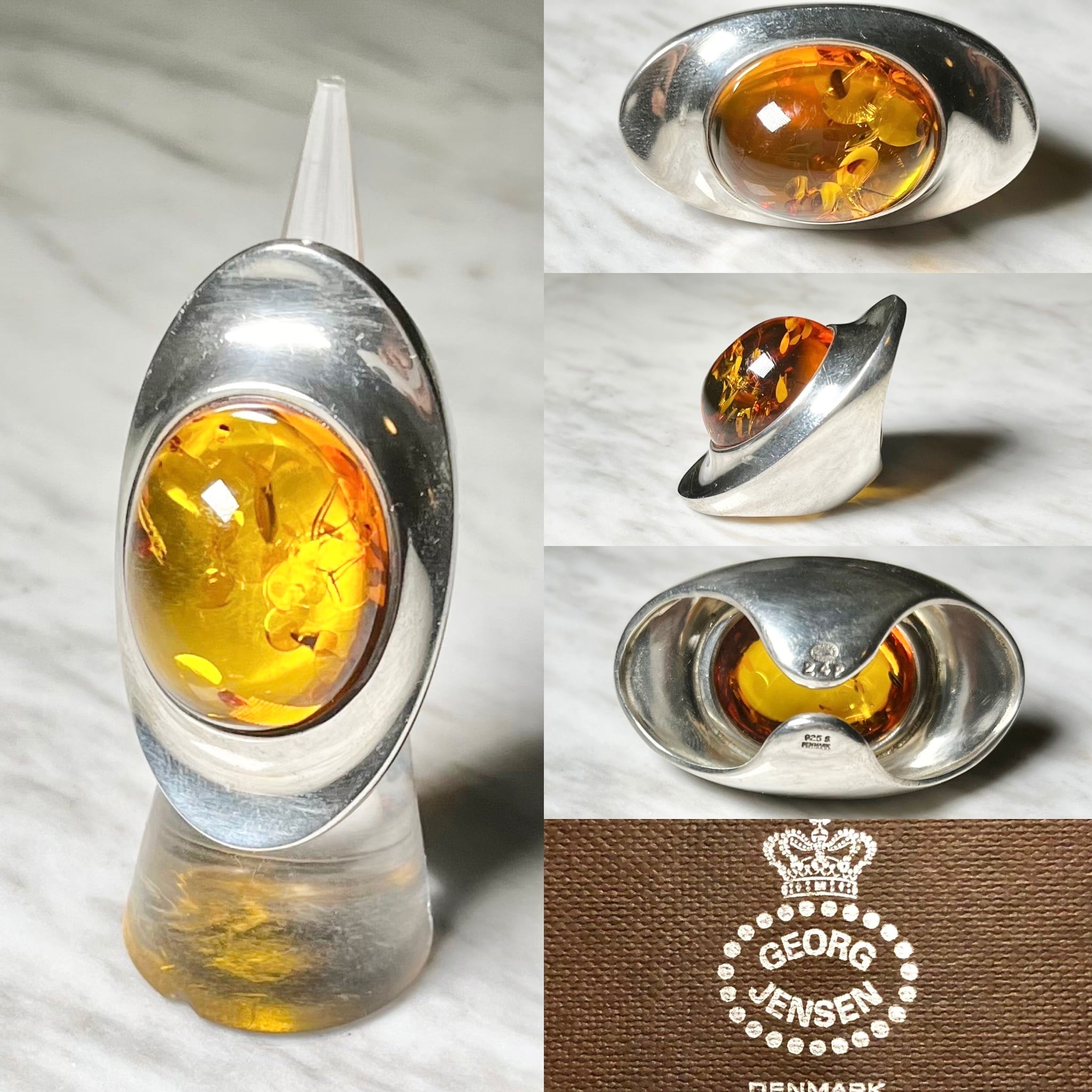 vintage GEORG JENSEN silver ring set with large amber designed by 