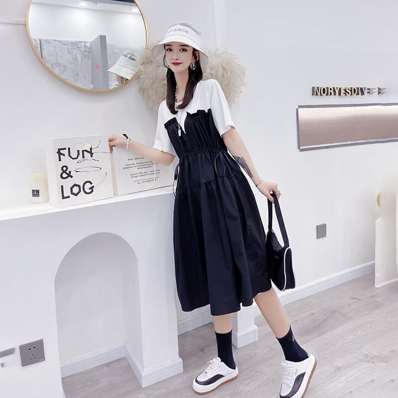 ラウンドネック半袖スリーブカラーギャザーウェストルーズドレス ショート ハーフスリーブ 大きめサイズ Oネック ステッチ ミックスインファッション73600009887