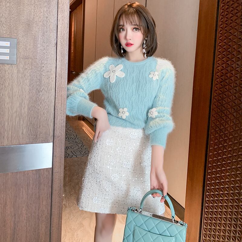 ラウンドネックセーター ウェストツィードスカート セット ウィンター 冬物 Oネック MIUCO34080506683