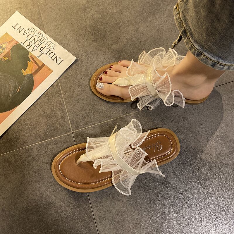 ビーチサンダルの女性はファッションインタイド2020新しい夏のワイルドレースクリップつま先フラットビーチドラッグを着用 部族の婦人靴5268542