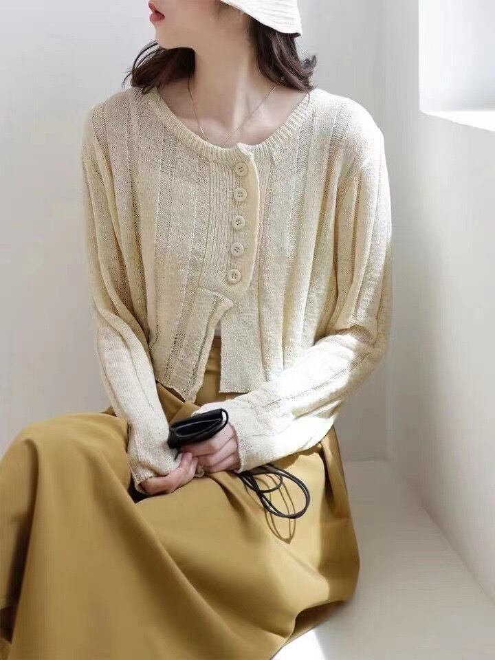 Uネックリブニットカーディガン