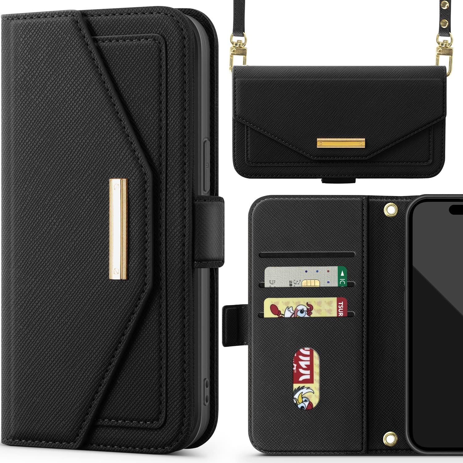 NODALA iPhone 16 Pro 用 ケース 手帳型 ショルダー カード収納 財布型 高級PUレザー ブラック
