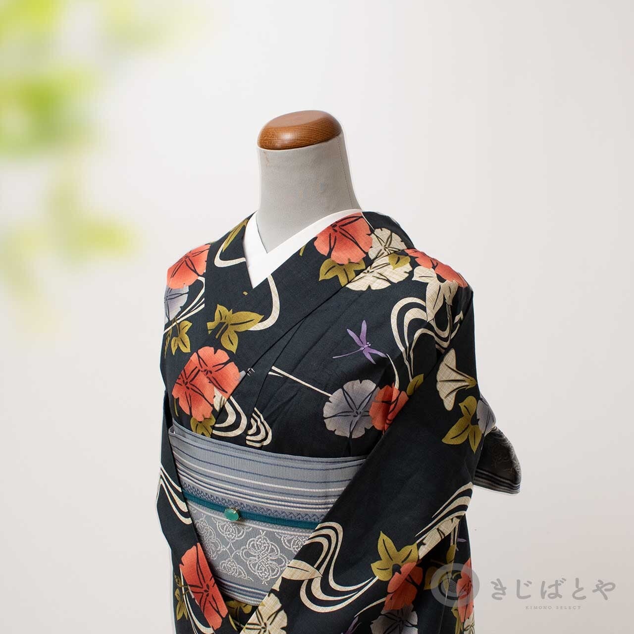 クッキー　樣専用　綿麻ゆかた 朝顔　くすみ紺色＋画像5.6.7の帯と２点合わせて utatane｜utatane 綿麻 高級変わり織 浴衣3点セット 紺地に