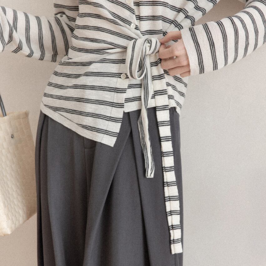 border waist-ribbon round-neck knit　J00463