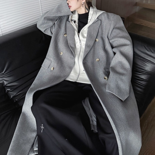 フェイクツーピースジップアップフーディダブルロンググレーコート（ruf_02576）