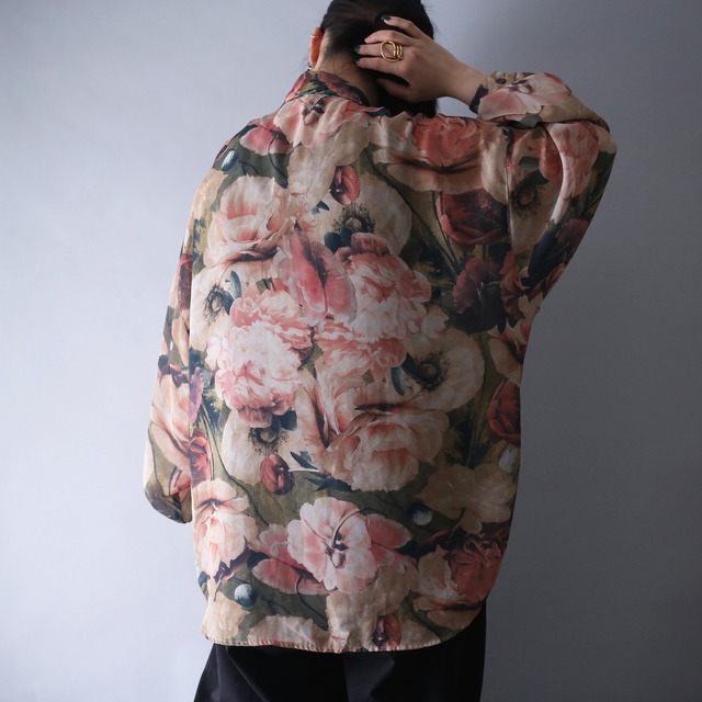 beautiful flower art pattern loose silhouette balloon sleeve see-through shirt