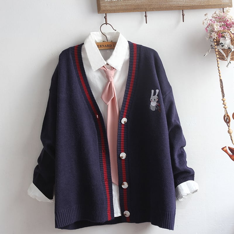 サブカル 服 地雷系 通販 ニット カーディガン うさぎ 刺繍 制服 深V字 カジュアル 量産型