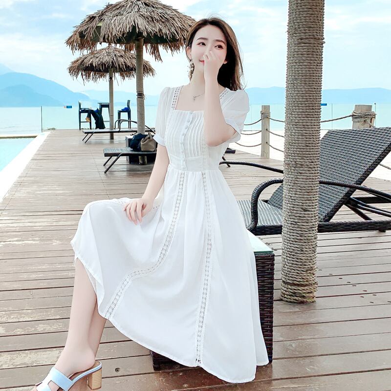 ワンピース フレアワンピース 袖あり 半袖 スクエアネック フレア