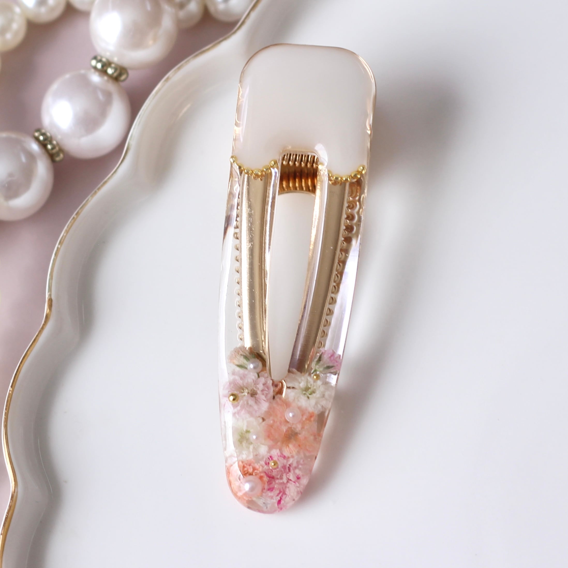 レジンヘアクリップ バラ かすみ草 ピンク ホワイトビジュー パール