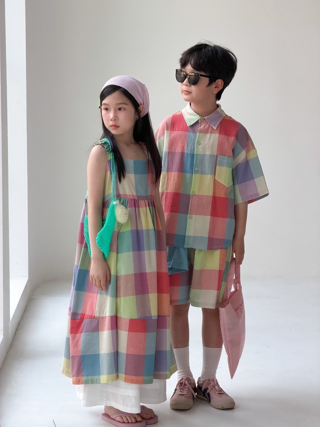 【兄妹服】カラーチップチェックセットアップ/ワンピース - 8