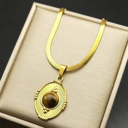 チョーカー ペンダント ネックレス  動物 アニマル ステンレス ビンテージ ゴールド ブラウン チェーン ストーン タイガー メタル レディース 茶