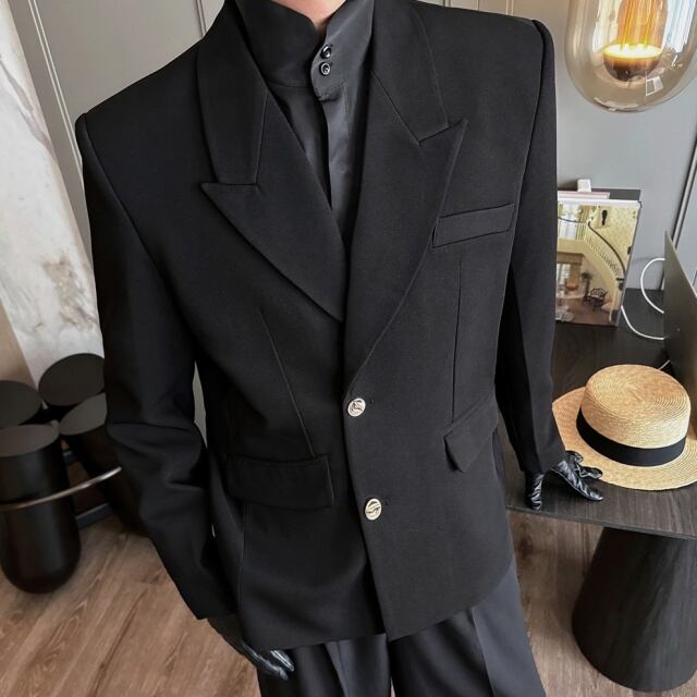 【予約販売】ジャケット 黒 無地 モード メンズ ブラック ドレスアップ シック 結婚式 パーティー こなれ感 お洒落 韓国 トレンド M/L/XL