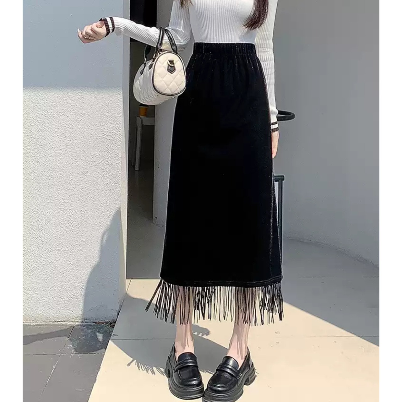 フリンジ ベルベット スリット スカート 10311