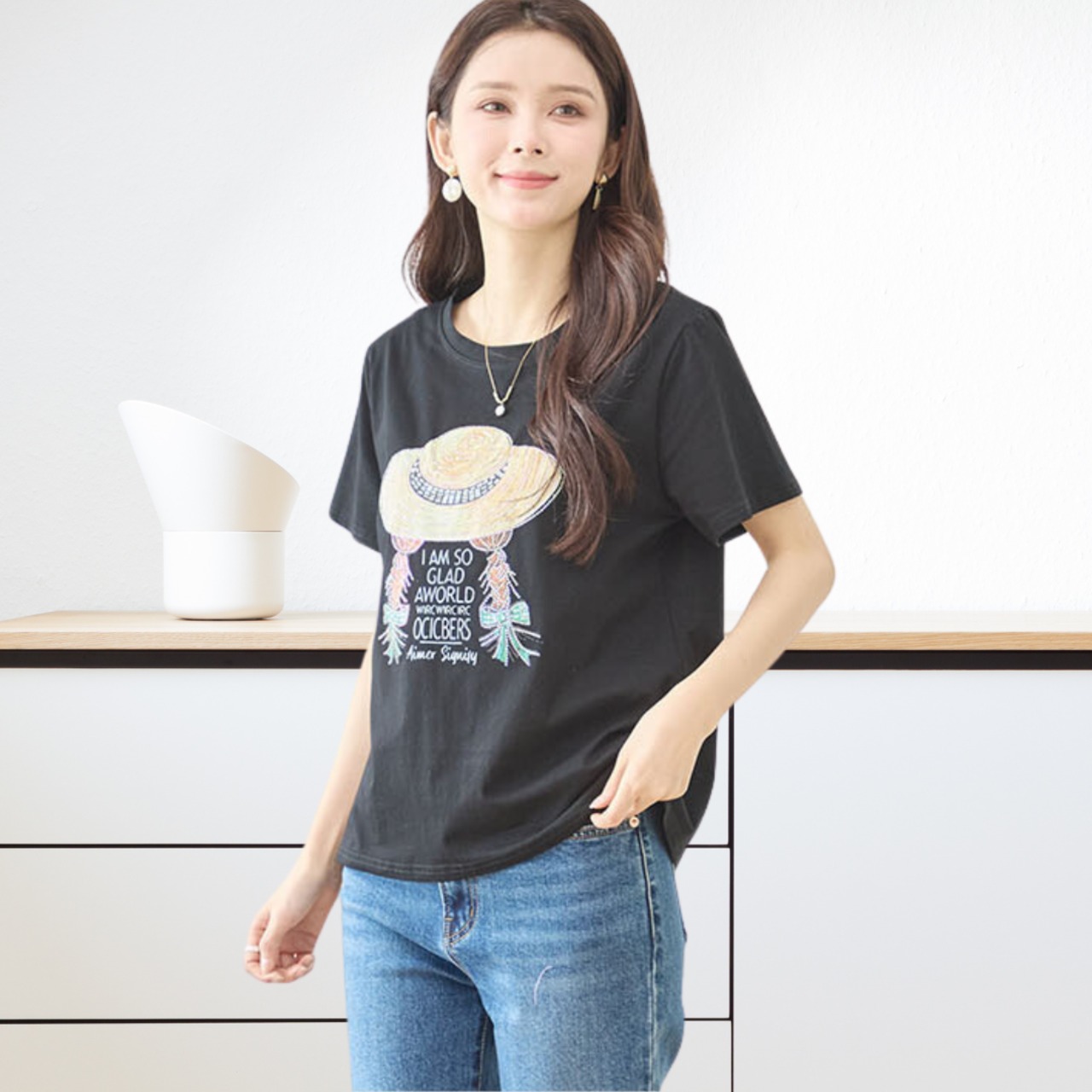 TRUBE ストローハットガールプリントTシャツ【M~L】ブラック