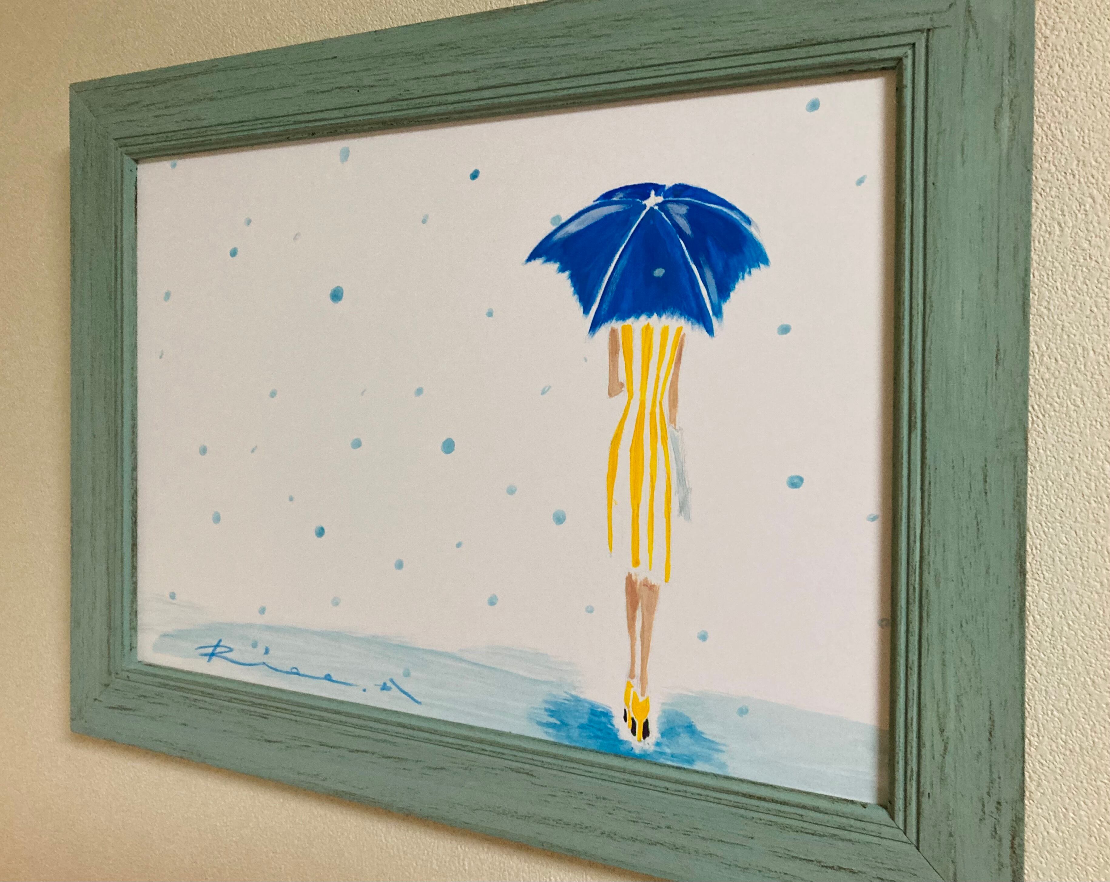 青い傘 〜水玉の雨〜 ／ 原画 額縁入り 絵 絵画 アート イラスト