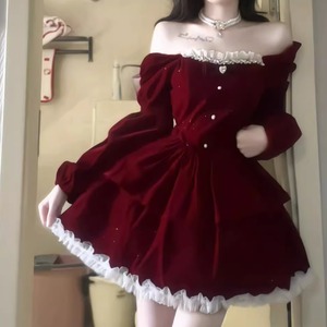 配色フリルパフスリーブベロアミニワンピ ・73876