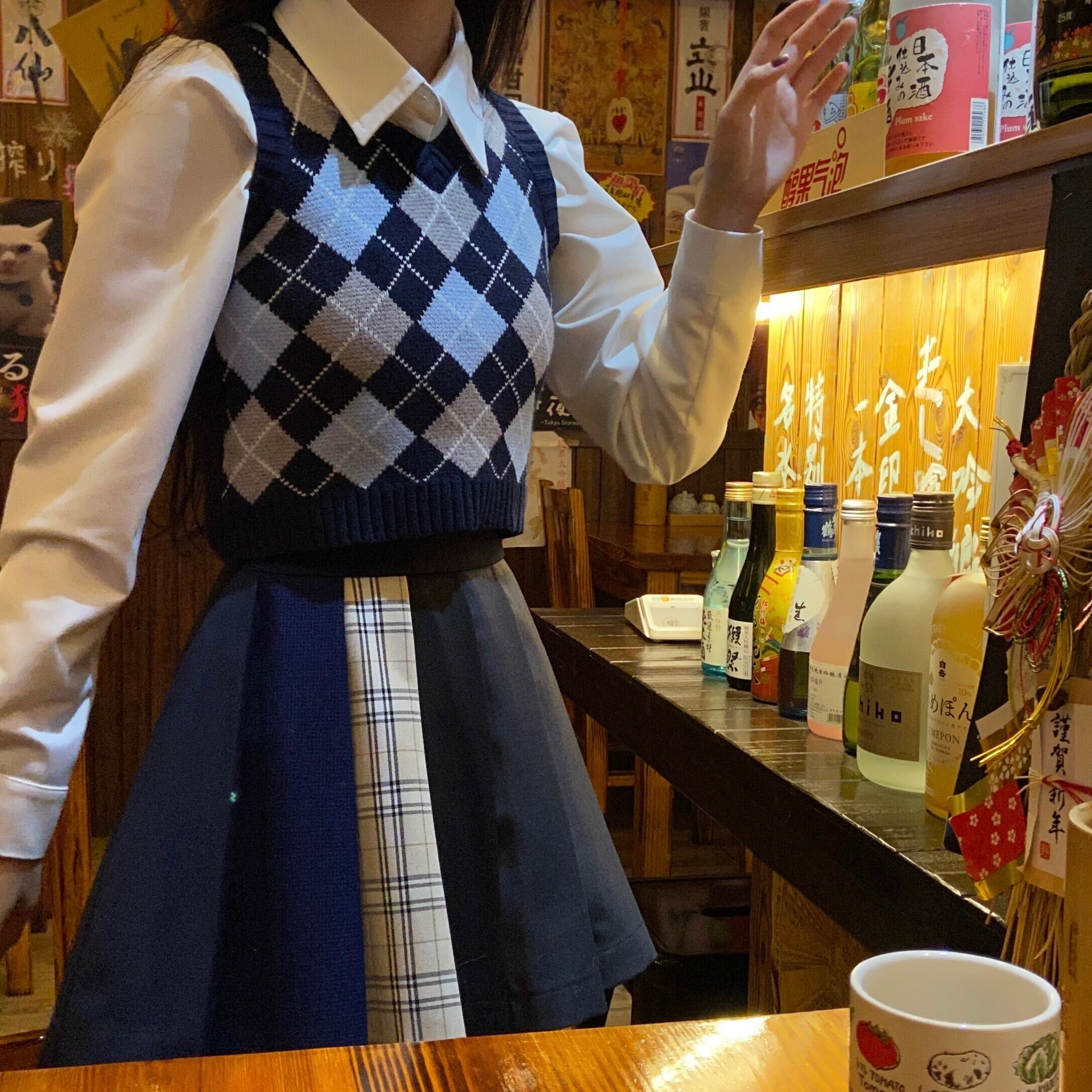 ショートニットオータムスタンダード格子柄セーター レッド レトロ 秋物 萌量不足3569091338