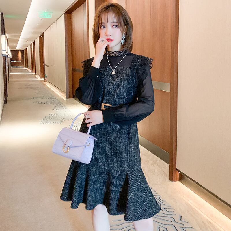 スタンドカラーカラーレースツィードシフォンスリーブウェストラッフルドレス ウィンター 冬物 MIUCO38225998193