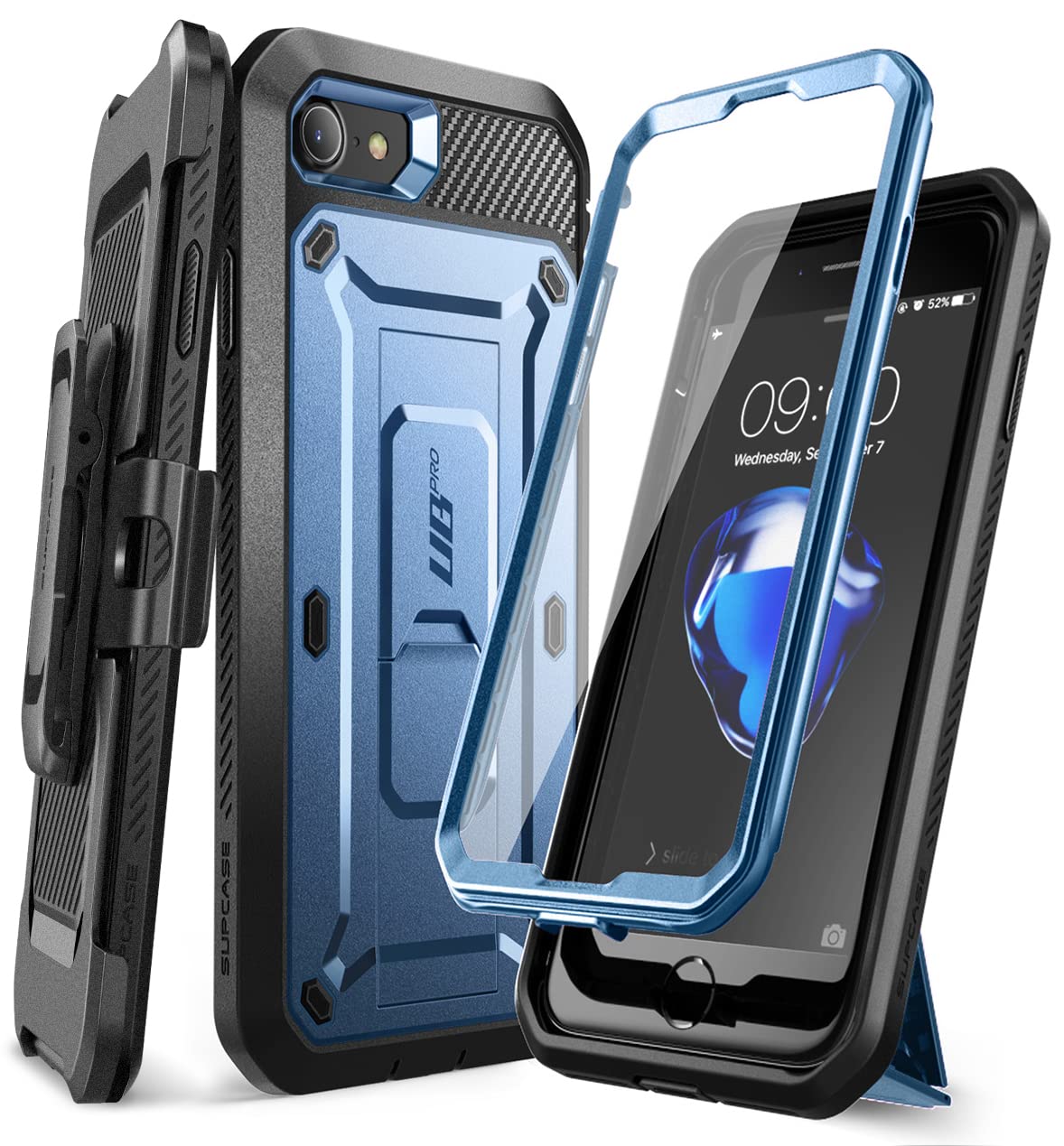 SUPCASE iPhone SE3(第3世代) 2022 SE(第2世代) /iPhone8 /iPhone7 ケース 対応 2020 新しいカバー 液晶保護フィルム と腰かけクリップ付き 米国軍事規格取得 耐衝撃 防塵 二重保護 UBProシリーズ 金属ブルー