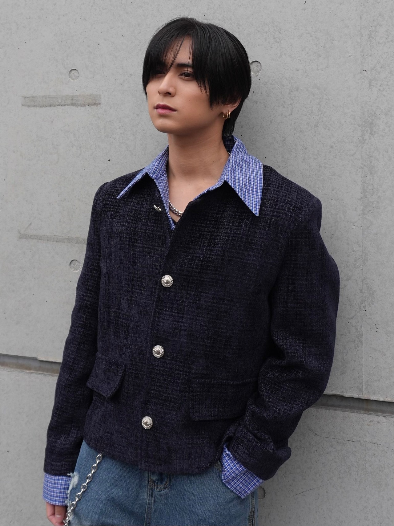 【ALUDE SELECT】check shirt docking tweed jacket
