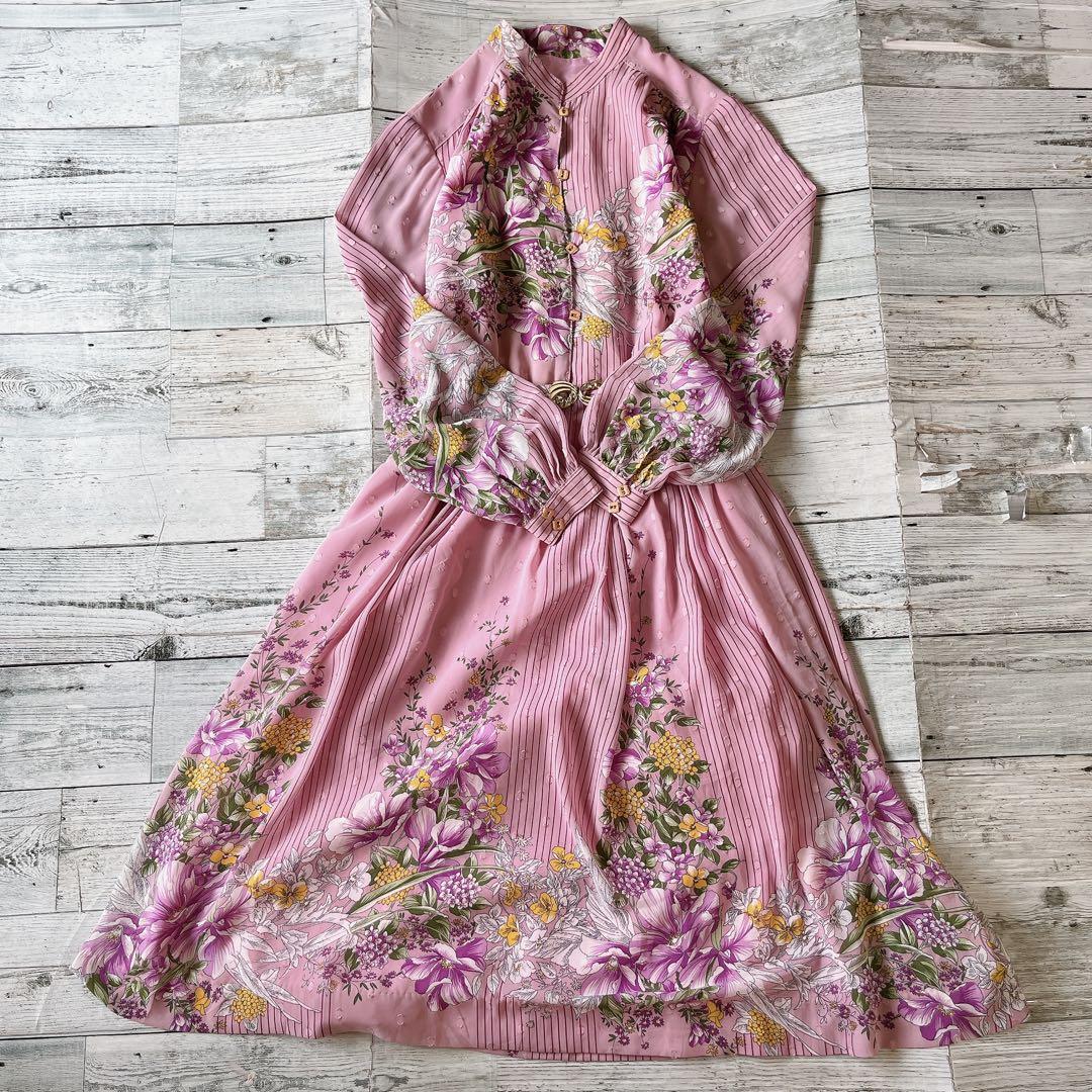 昭和レトロ花柄長袖ロングワンピースベルト付き透け素材ヴィンテージ  